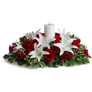 Christmas Centerpiece with white & red flowers and white candle