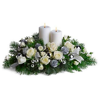 White Christmas Flower Centerpice with big fat white candle